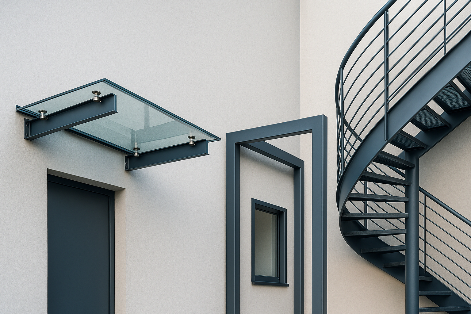 Pensilina in acciaio e vetro con staffe minimali