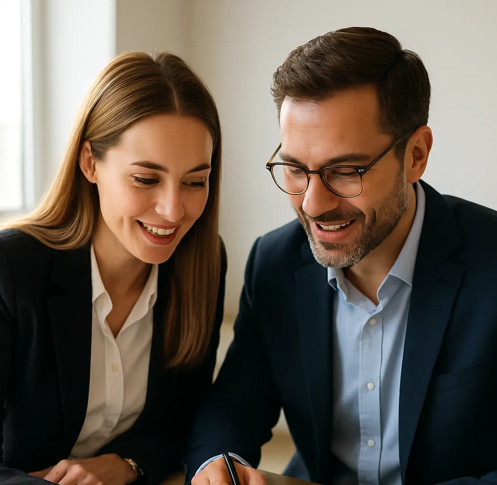 Uomo e donna in abiti professionali discutono un progetto architettonico stampato su un tavolo luminoso, esprimendo passione e professionalità