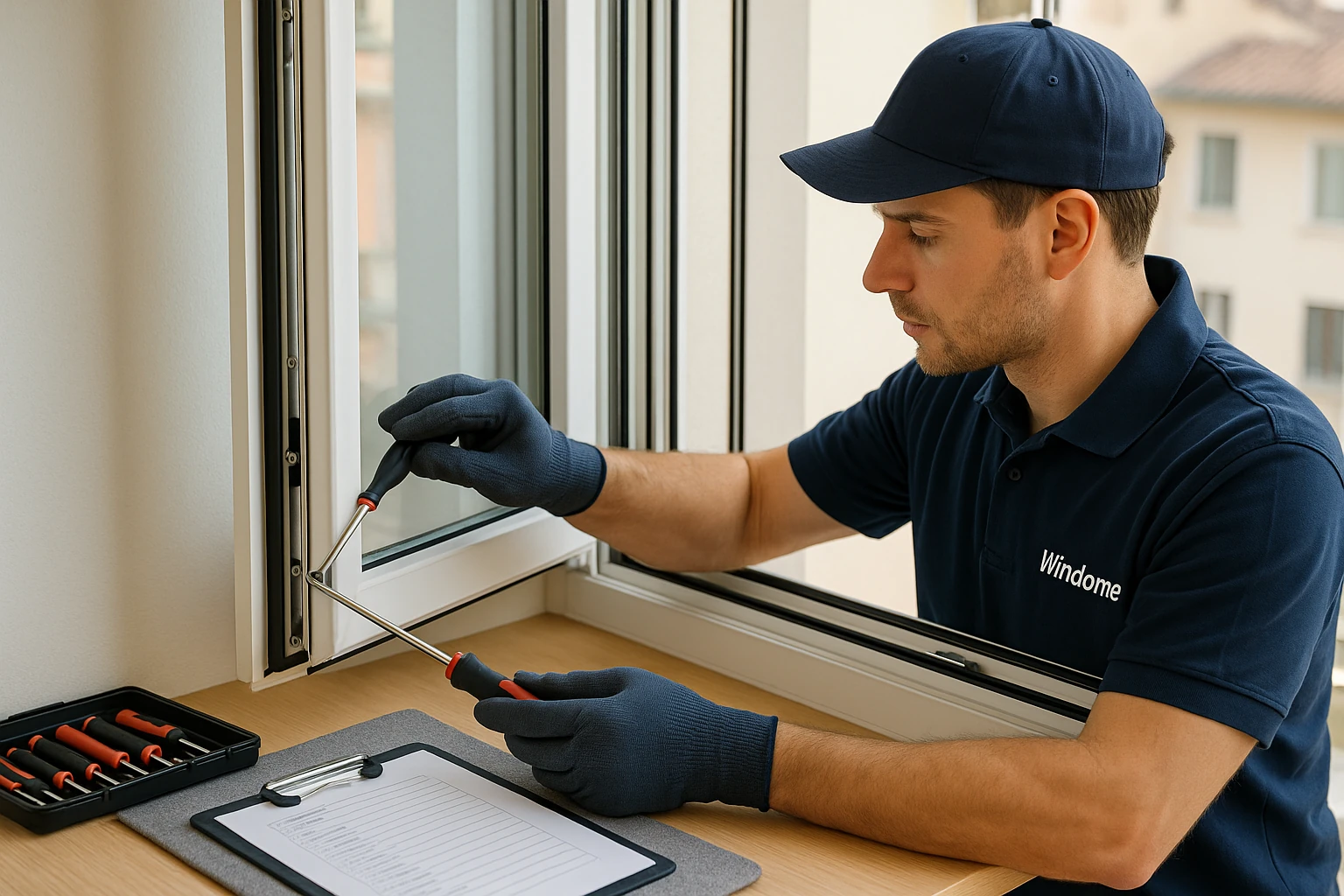 Tecnico Windome esegue manutenzione su infisso: regolazione ferramenta e controllo guarnizioni