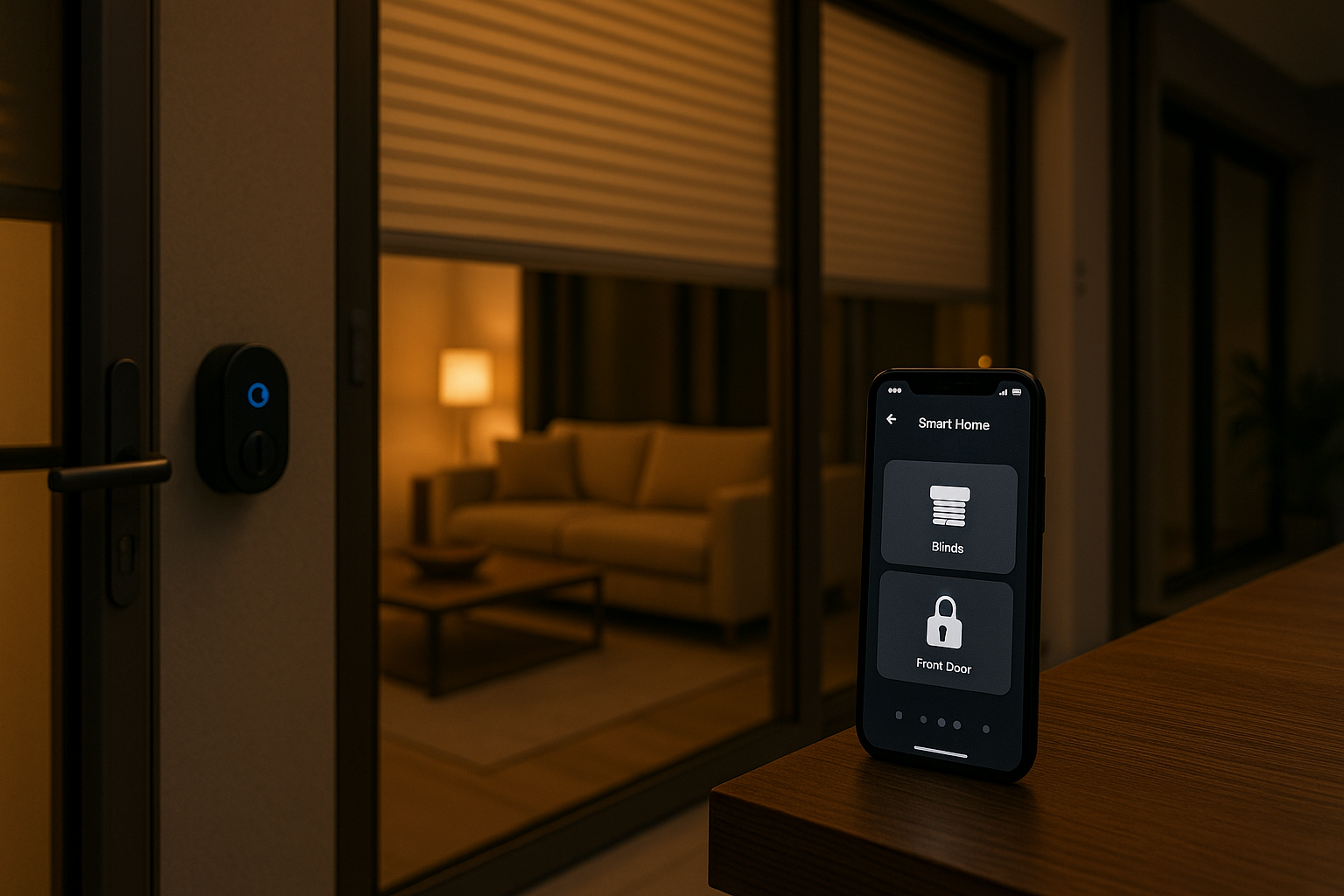 tapparelle smart con scena notte, serratura elettronica con tastierino